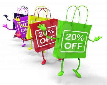 Twenty Percent Off On Colored Shopping Bags Showing Bargains