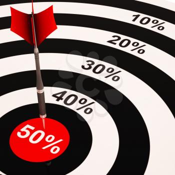 50Percent On Dartboard Shows Big Savings And Promotions