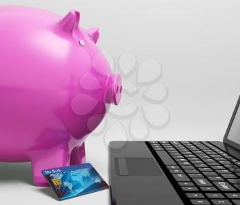 Piggy At Computer Showing Saving On line