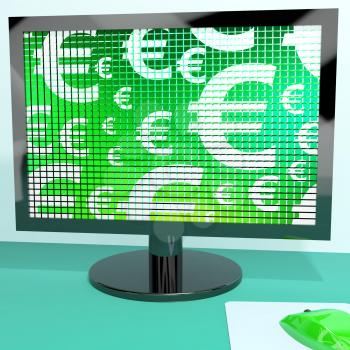 Euro Symbols On Computer Screen Showing Money Or Investments