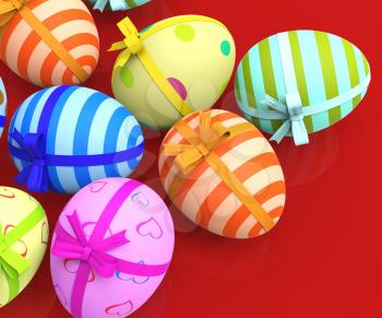 Easter Eggs Showing Colourful Ribbon And Bow