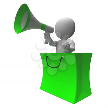 Loud Hailer Shopping Character Showing Sales Or Discounts