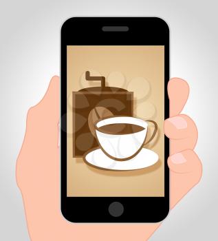 Coffee Online Indicating Mobile Phone And Web