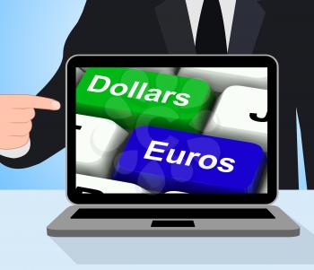 Dollar And Euros Keys Displaying Foreign Currency Exchange Online