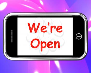 We're Open On Phone Showing New Store Launch