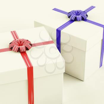 Gift Boxes With Blue And Red Ribbons As Present For Him And Her