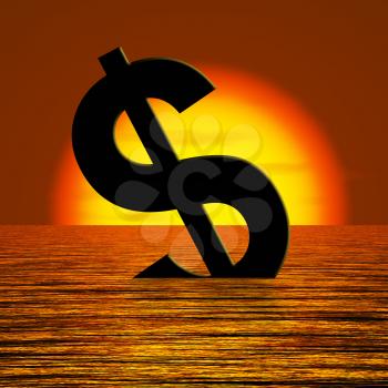 Dollar Sinking And Sunset Showing Depression Recession And Economic Downturns
