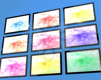Nine TV Monitors Wall Mounted In Different Colors Representing High Definition Televisions Or HDTV
