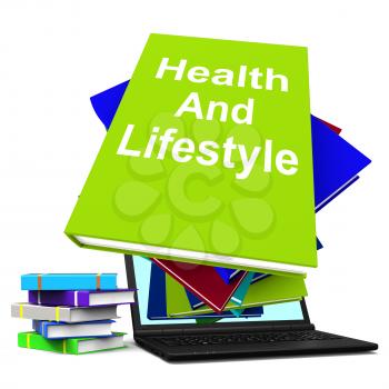 Health and Lifestyle Book Stack Laptop Showing Healthy Living
