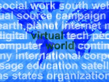 Virtual World Words On Map Showing Global Internet Or Worldwide Networking