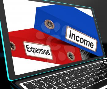 Income And Expenses Files On Laptop Shows Budgeting And Balance