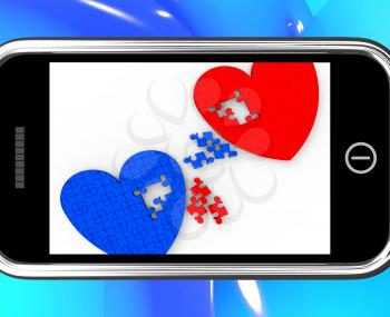 Two Hearts On Smartphone Shows Marriage And Wedding