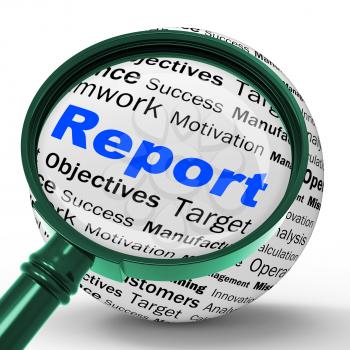 Report Magnifier Definition Showing Progress Statistics And Financial Review