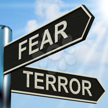 Fear Terror Signpost Showing Frightened And Terrified
