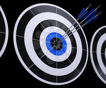 Arrows On Dartboard Shows Successful Hitting And Targeting