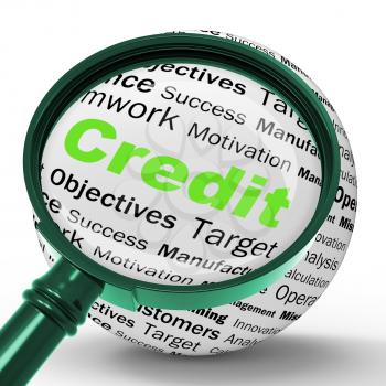 Credit Magnifier Definition Showing Cashless Purchases Or Financial Loans