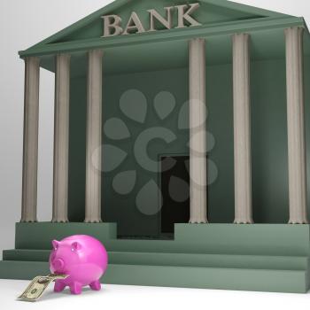 Piggybank Leaving Bank Showing International Currencies And Deposits