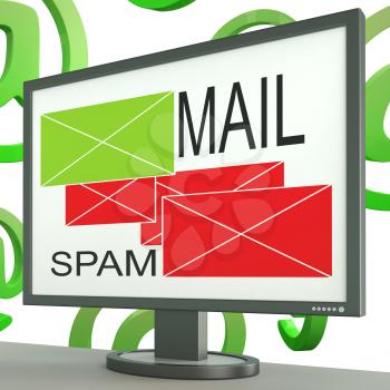 Mail And Spam Envelopes On Monitor Shows Online Messages Or Spamming