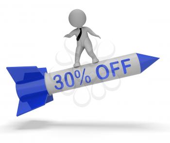 Thirty Percent Off Character On Rocket Means Discount 3d Illustration