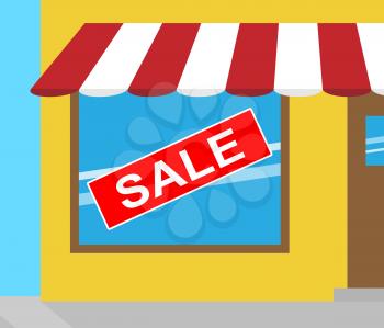 Sale Sign In Shop Window Represents Bargain Offers 3d Illustration