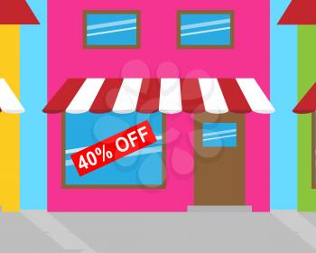 Forty Percent Off Sign In Shop Window Means 40% Discount 3d Illustration