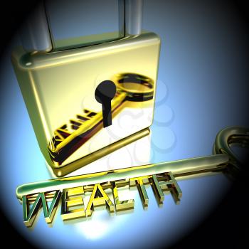 Padlock With Wealth Key Showing Riches Savings And Fortunes 3d Rendering