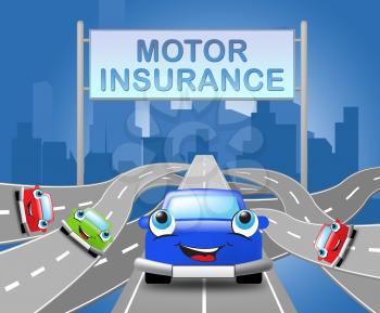 Motor Insurance Sign Over Motorway Shows Car Policy 3d Illustration