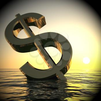 Dollar Sinking And Sunset Shows Depression Recessions 3d Rendering