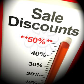 Fifty Percent Sale Discounts Thermometer Showing Bargain 3d Rendering