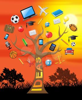 Ideas Tree With Icons Shows Creativity And  Intelligence 3d Illustration