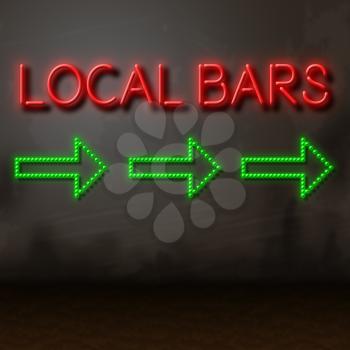 Local Bars Neon Sign Shows Directions To Nearby Pubs