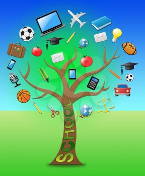 School Tree With Icons Represents Learning Educated 3d Illustration