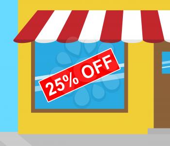 Twenty Five Percent Sign In Shop Window Off Shows Discount 3d Illustration