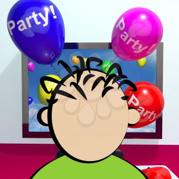 Balloons With Party Text Showing Invitations Sent Online 3d Rendering