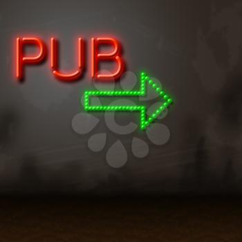 Pub Shining Neon Sign Locates Bar Tavern Or Nightlife