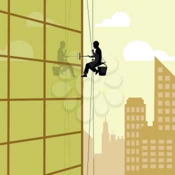 Skyscraper Window Cleaner Representing Offices Cityscape 3d Illustration
