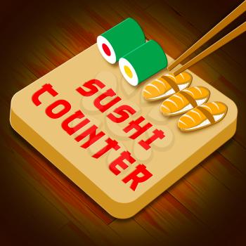 Sushi Counter Assortment Showing Japan Cuisine 3d Illustration
