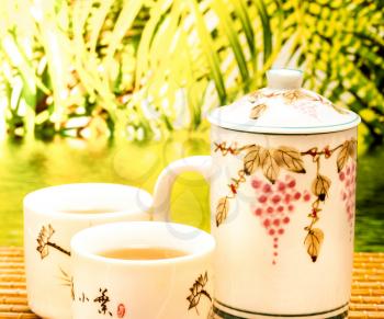 Outdoor Green Tea Showing Refreshes Breaks And Teacup