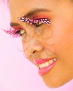Pink Eyelashed Girl Showing Fashion Eyelashes Closeup