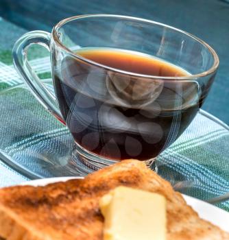 Breakfast Butter Toast Indicating Black Coffee And Slices