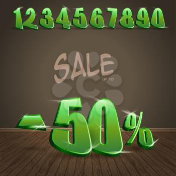 Numbers set in glittering green metal modern style on the wooden floor background. Vector illustration