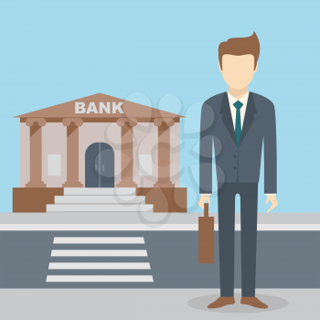 Businessman standing at the bank building, finance institution with road on flat style background concept. Vector illustration design