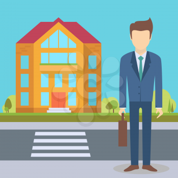 Businessman standing at the office building,institution with road on flat style background concept. Vector illustration design