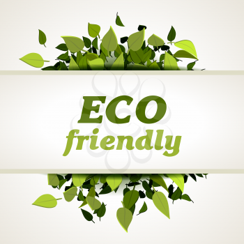Eco friendly label on background with leaves, vector illustration