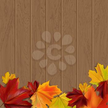 Autumn background with autumn leaves on wooden surface, vector illustration