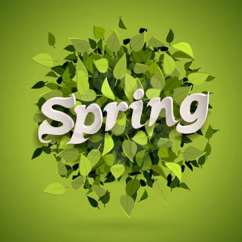 Abstract bright green leaves background with spring letters, vector illustration