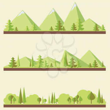 Mountain landscapes with trees in flat style, eco scenes, vector illustration