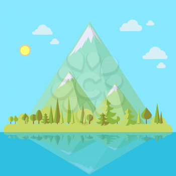 Island with mountains landscape and pine trees in flat style, eco scene, vector illustration
