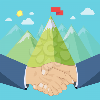Shaking hands in front of mountains landscape, business deal or summit concept, vector illustration