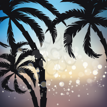 Abstract sunset background with palm trees silhouettes, vector illustration
